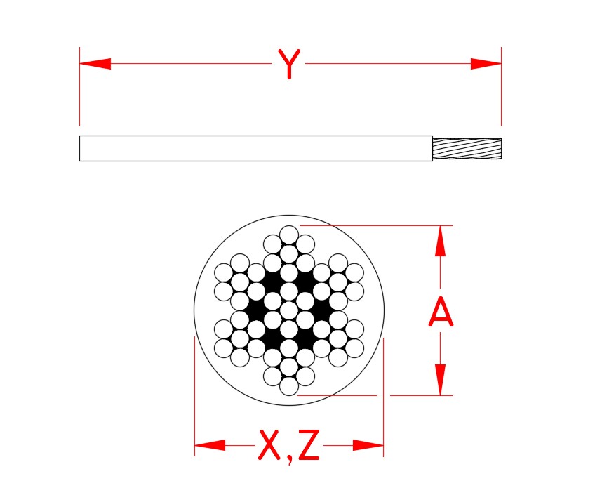 Black PVC Coated 7x7 Wire Rope, 316 stainless steel, S0709-0103, S0709-0103-1, S0709-0205, S0709-0205-1, S0709-0305, S0709-0305-1, S0709-0307, S0709-0307-1, S0709-0407, S0709-0407-1, S0709-0508, S0709-0508-1, S0709-0708, S0709-0708-1, Line Drawing